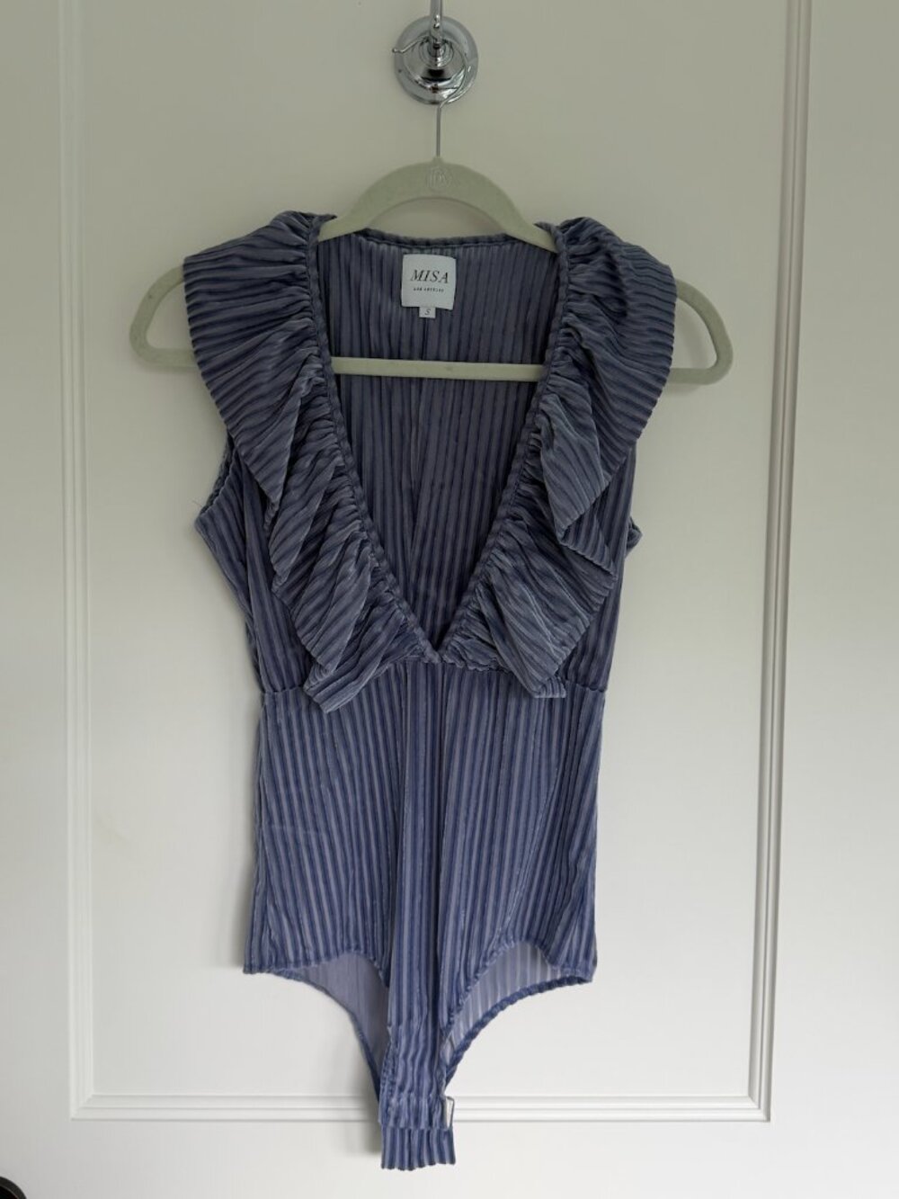 MISA Los Angeles Velvet Bodysuit S Blue Plunge V Ruffle Neck
